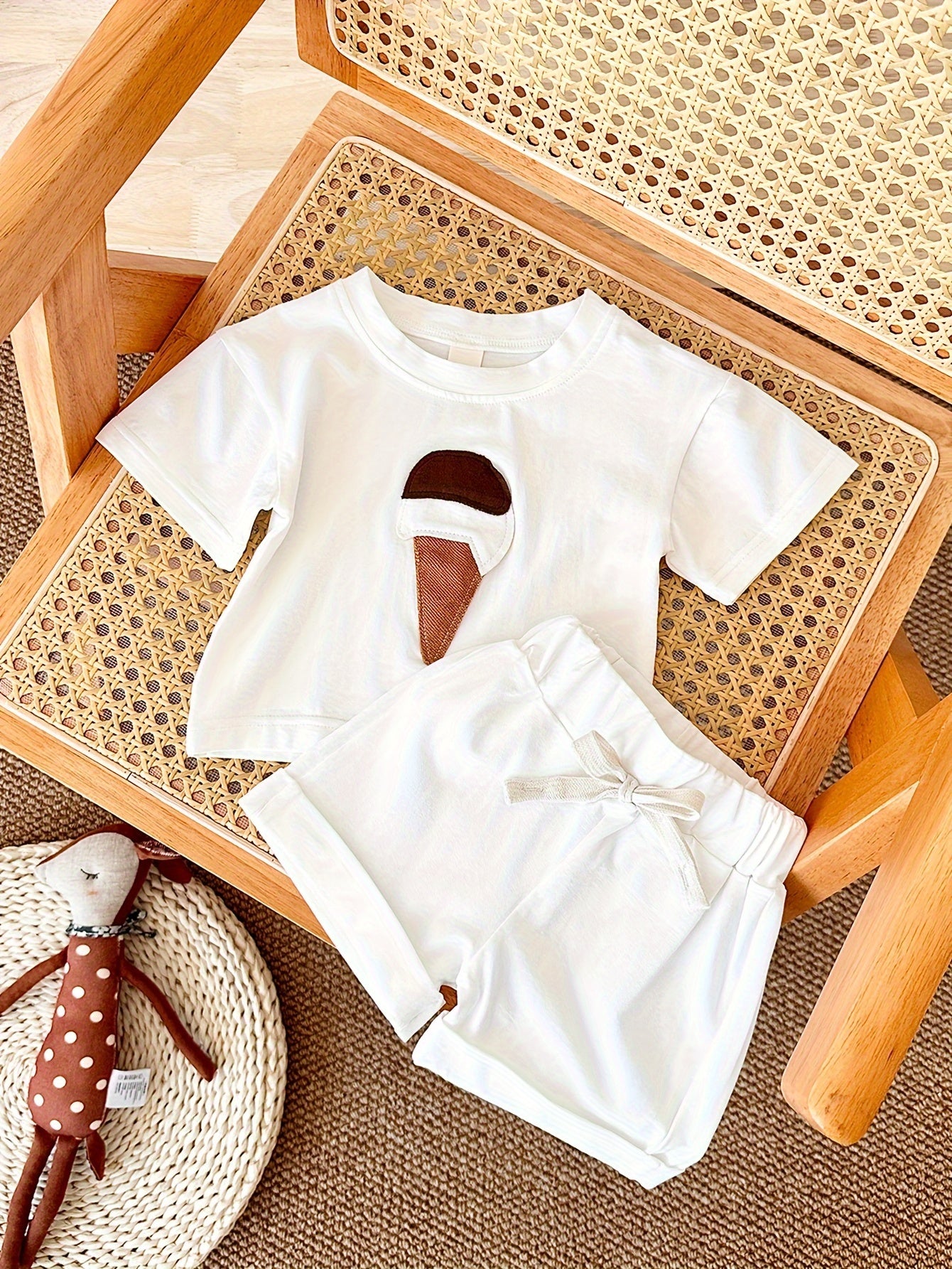 Девочки, летний хлопковый микс с аппликацией мороженого, двухпредметный комплект с коротким рукавом и шортами