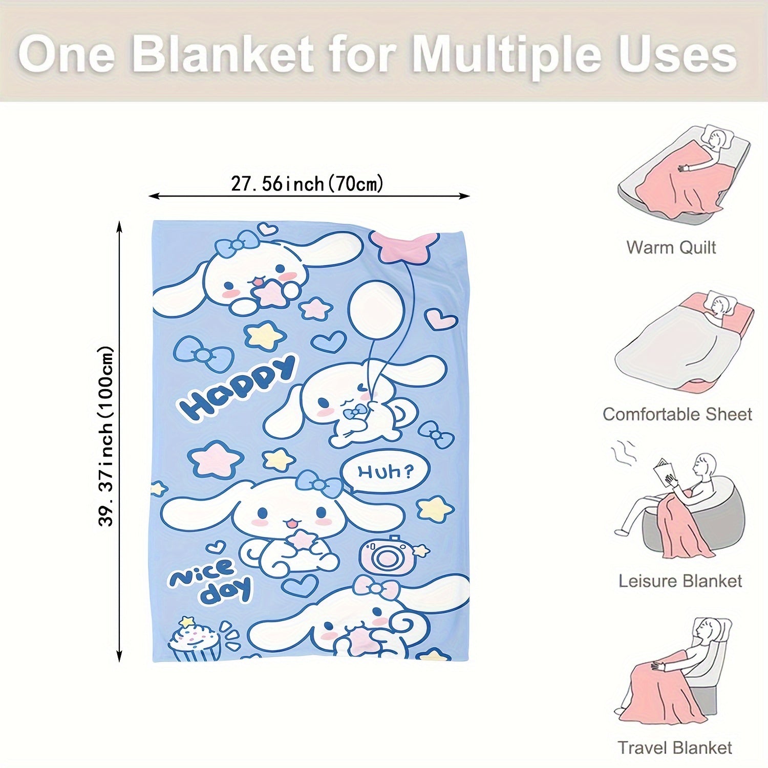Soft Warm Cinnamoroll Plush Flannel Throw Blanket Cozy Cartoon Print for Bedroom Living Room Camping