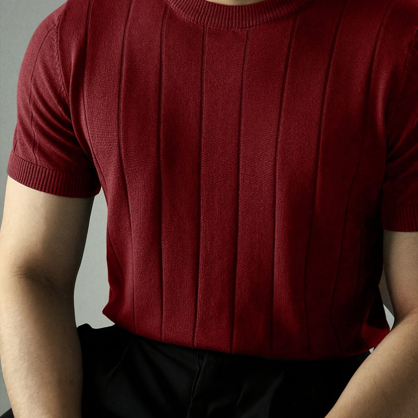 Men's Red Short Sleeve Crew Neck Knit Sweater with Stretch Fabric for Casual and Outdoor Wear
