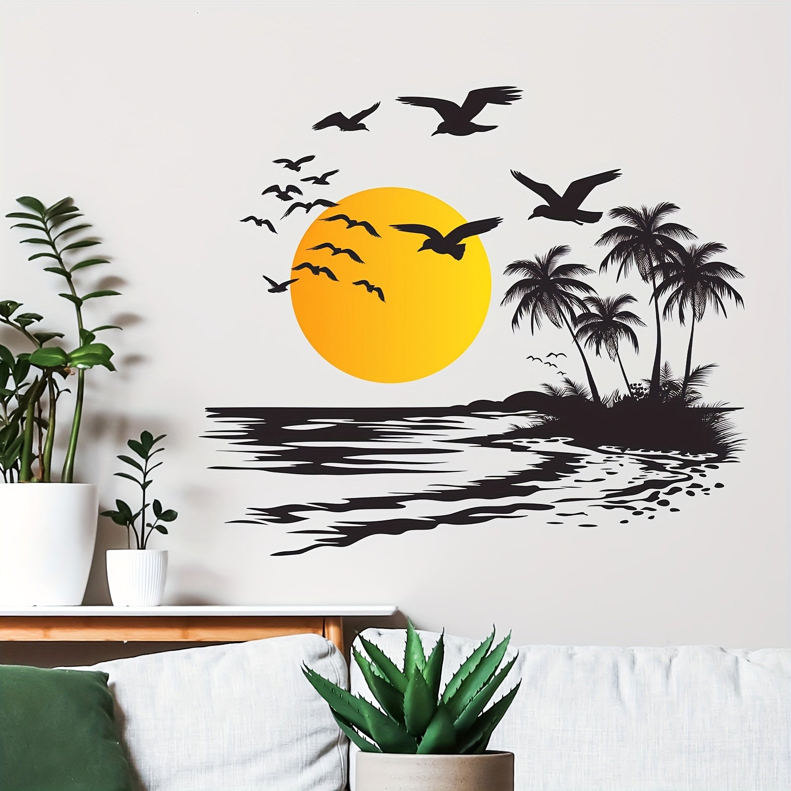 Removable Vinyl Wall Decal Tropical Sunset Scene with Palm Trees and Birds for Living Room Bedroom