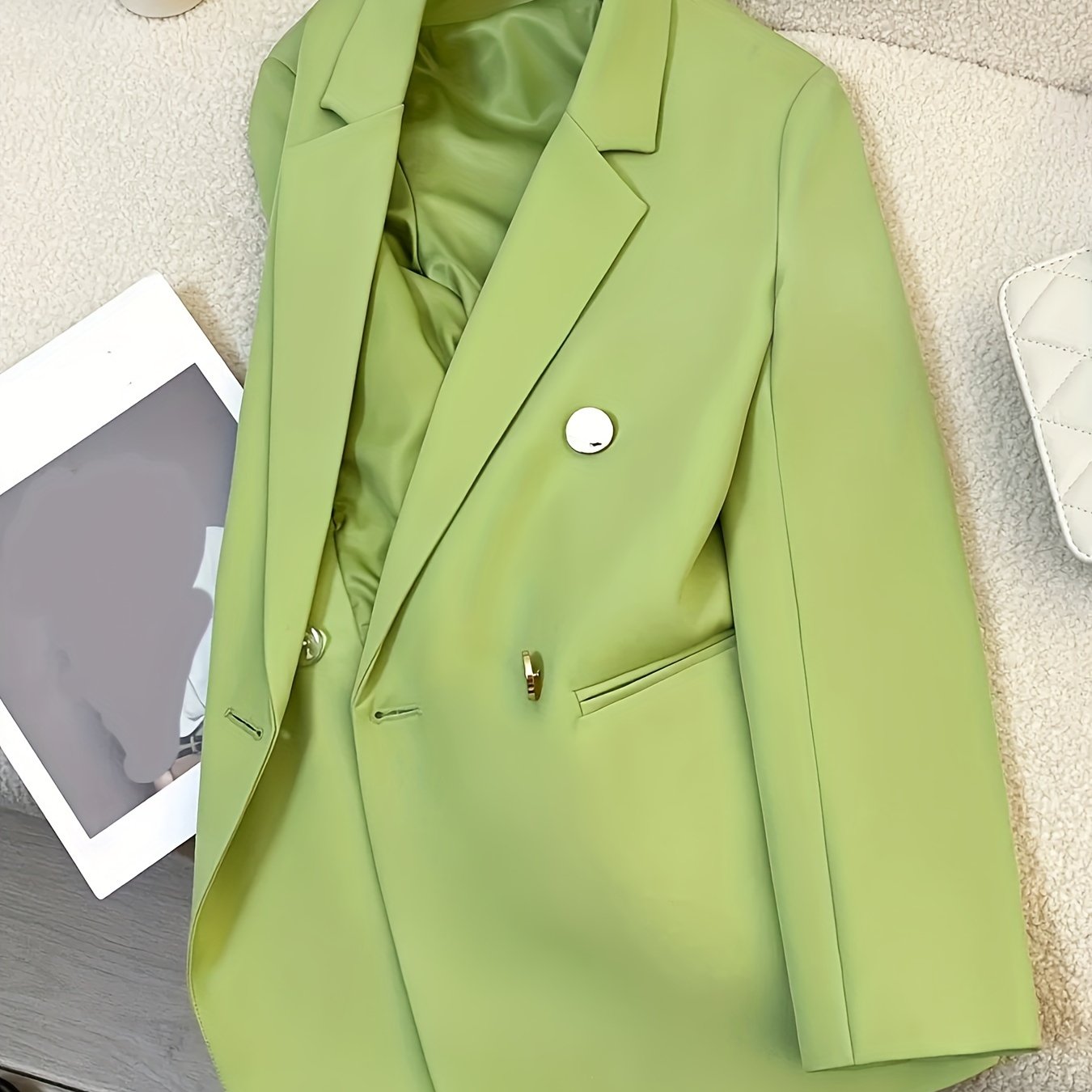 Blazer de mujer de doble botonadura de manga larga, de poliéster sólido para trabajo, primavera y otoño