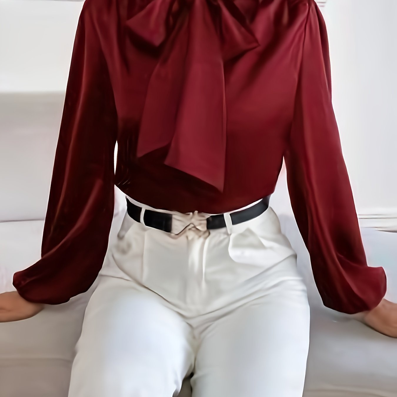 Women's Solid Color Tie-Neck Blouse for Spring and Fall