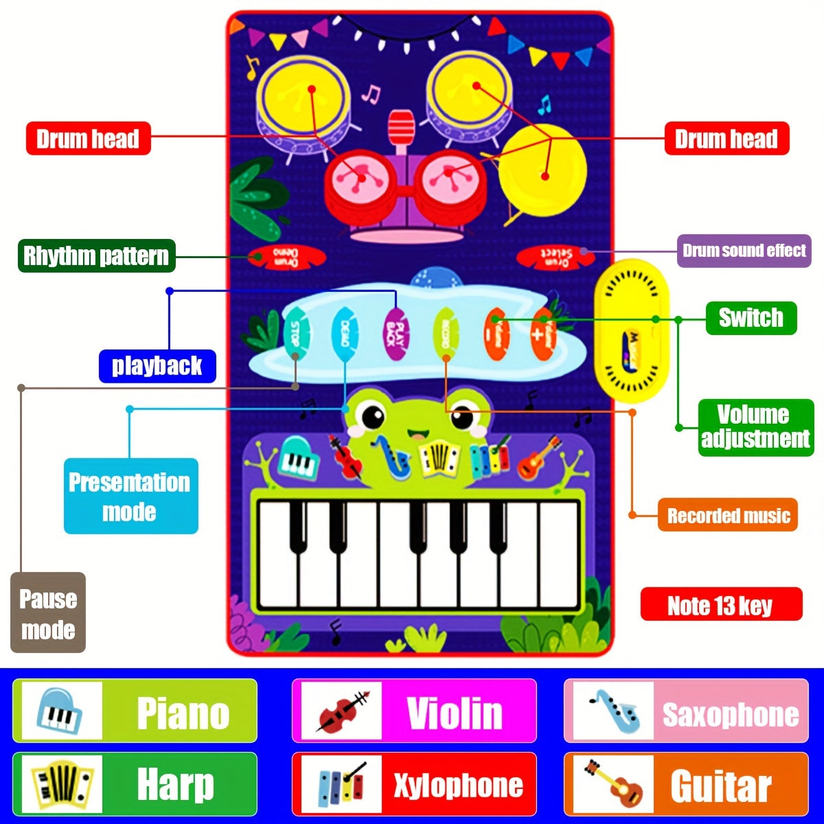 Alfombra de juego musical interactiva y set de batería para niños con sonido colorido e instrumentos duales