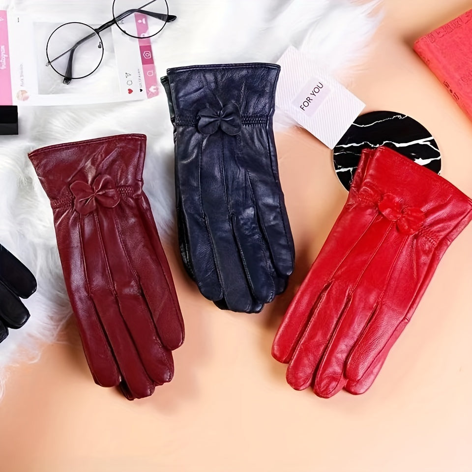 Women's Leather Gloves Solid Color Bow Detail Waterproof Windproof for Winter Sports