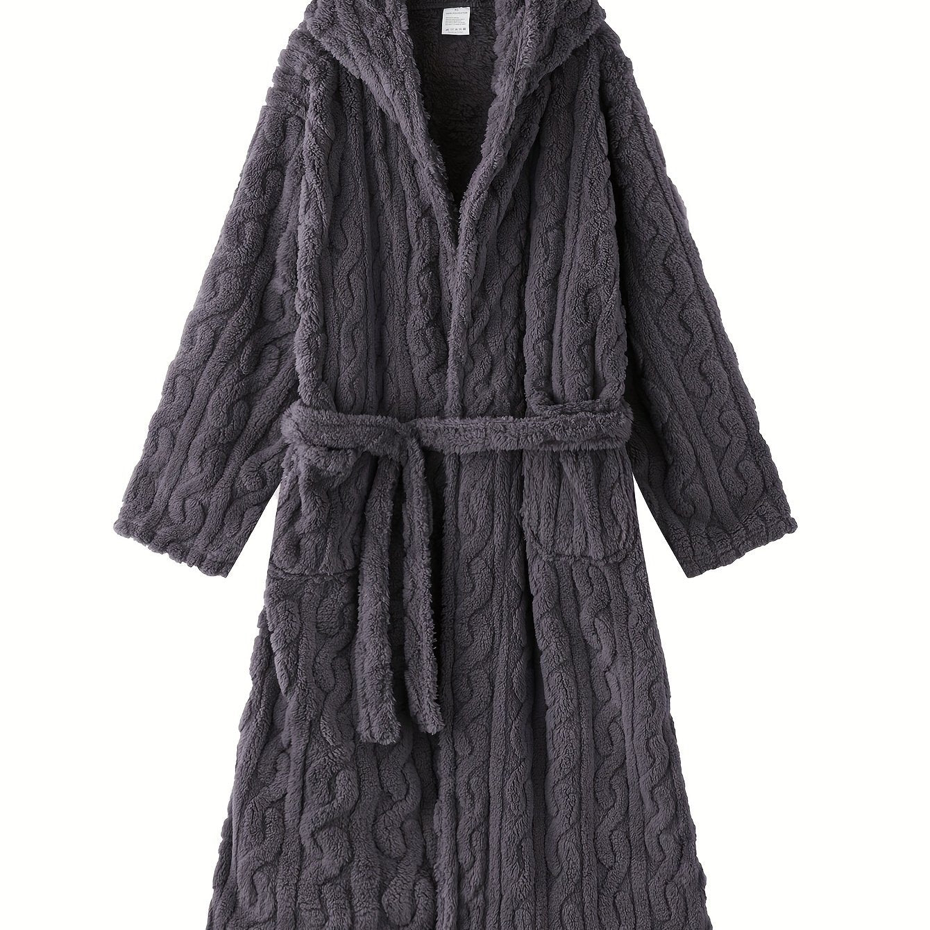 bata de felpa para mujer con capucha, manga larga, cinturón, bolsillos, otoño e invierno, punto, poliéster