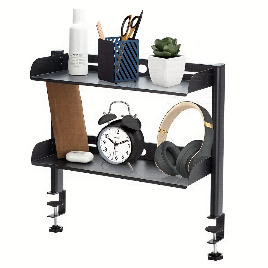 Adjustable Clamp-On Desk Organizer 43.18cm Dual Layer Metal Office Supplies Storage