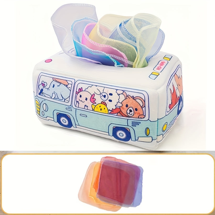 Yumshoq mato bolalar uchun tissue qutisi o'yinchoq, sezgirlik o'yini uchun, krinkli ovozli, ko'p rangli transport vositasi, 0-3 yosh