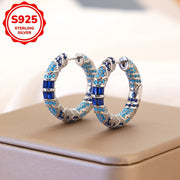 Sterling Silver Tribal Style Hoop Earrings with Blue Cubic Zirconia for Women