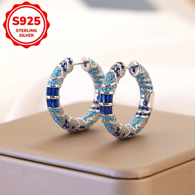 Sterling Silver Tribal Style Hoop Earrings with Blue Cubic Zirconia for Women