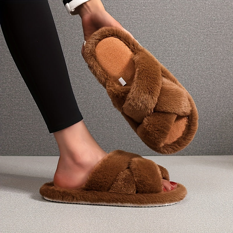 Women's Plush Non Slip Indoor Slip-On Slippers with Cross Straps