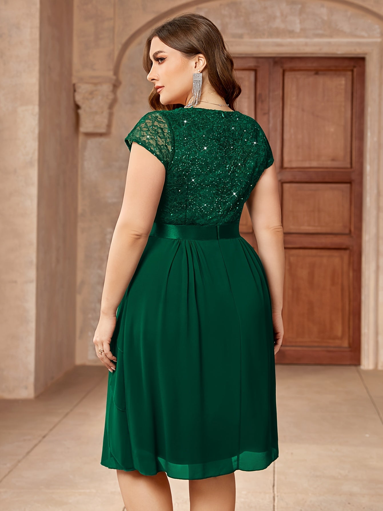 Vestido formal de encaje para mujer talla grande con falda de chiffon en capas