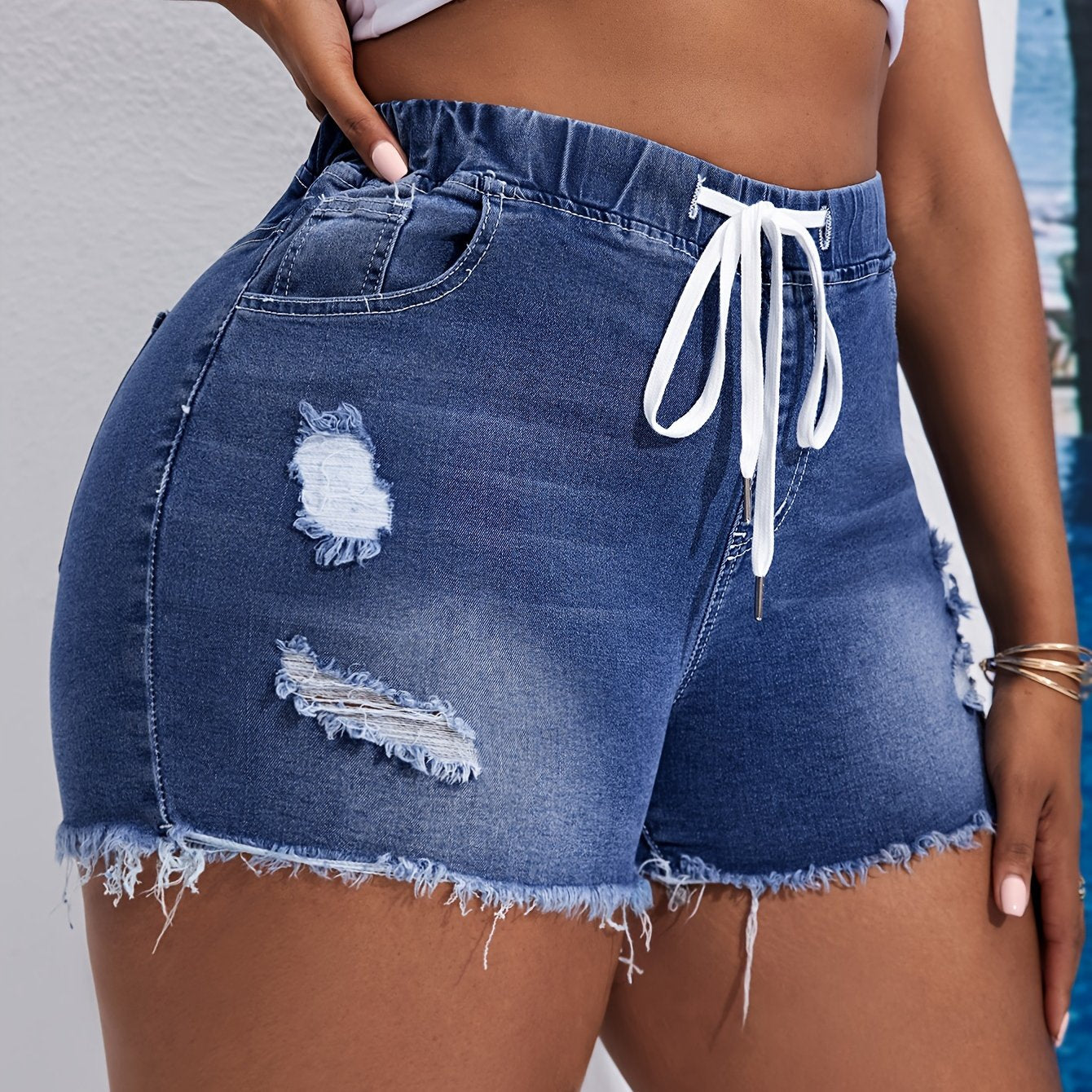 Women's Stretch Denim Shorts High Waist Ripped Casual Blue