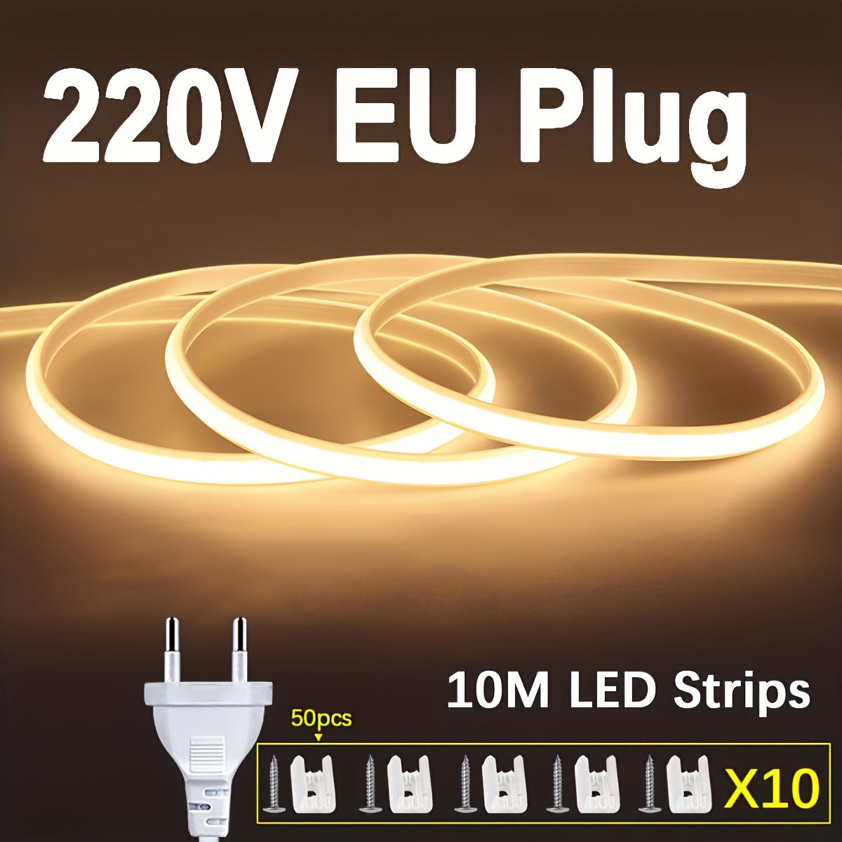 1 упаковка 220В COB гибкой светодиодной ленты с 288 светодиодов/м, 12Вт/м. Режущаяся 1м светодиодная лента для наружного освещения сада для кухни и спальни, включает бесплатные аксессуары и 1,2м EU штепсель с выключателем.