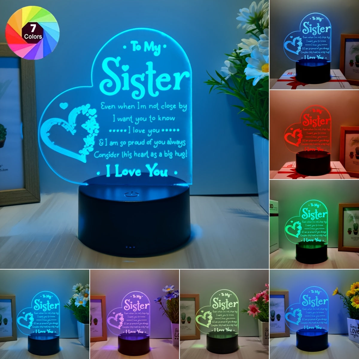3D LED Night Light for Sister USB Powered Bedside Lamp Love Message Decoration Indoor Gift Black Beige