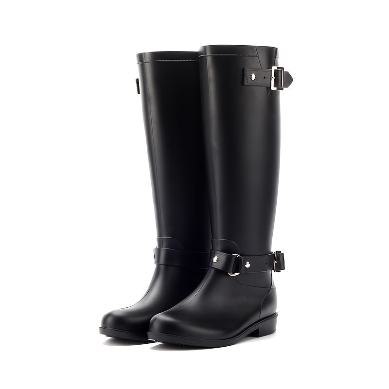 Women's PVC High-Calf Rain Boots with Adjustable Buckles Black Outdoor