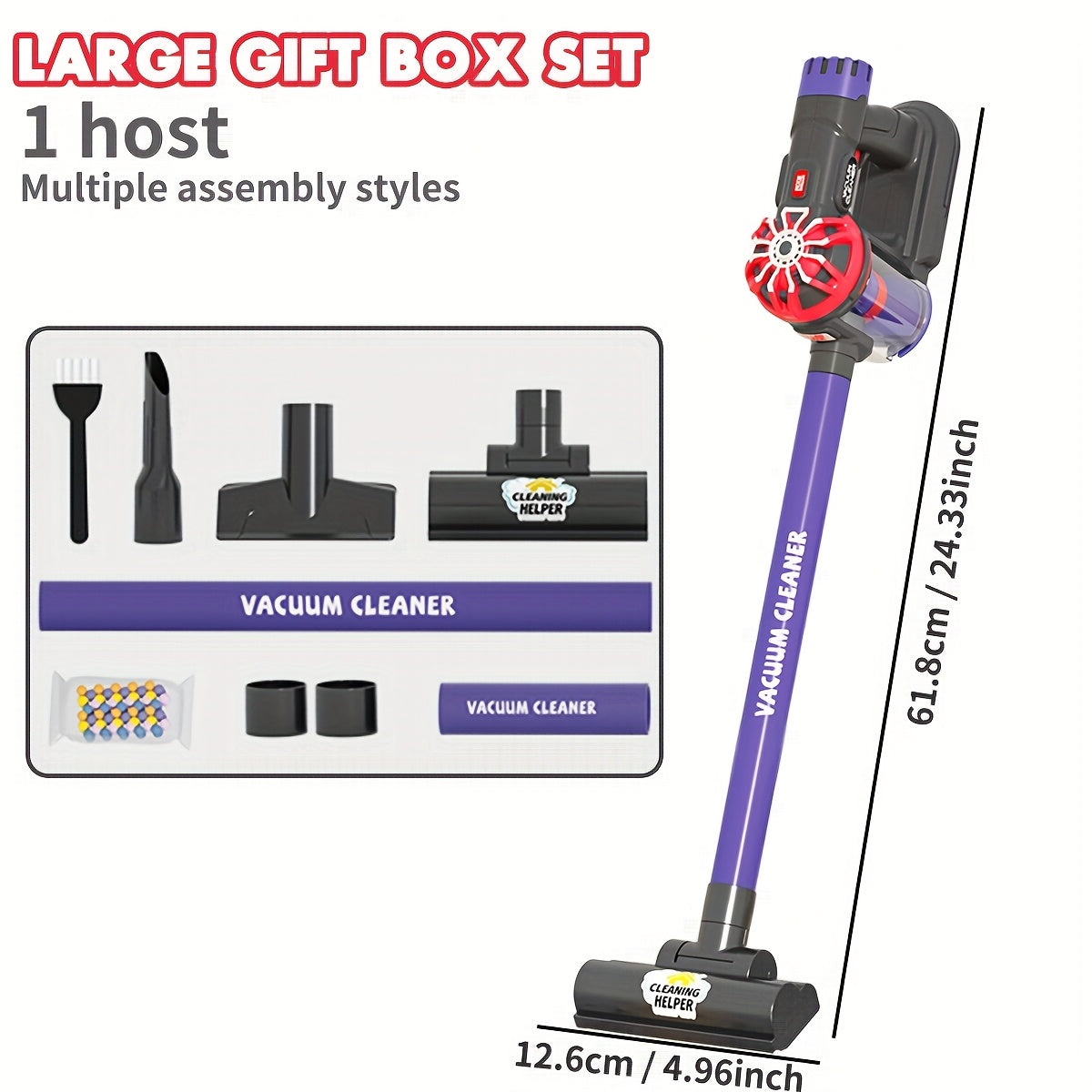 Kids 3-in-1 Cordless Vacuum Toy Set with Real Suction Power for Pretend Play