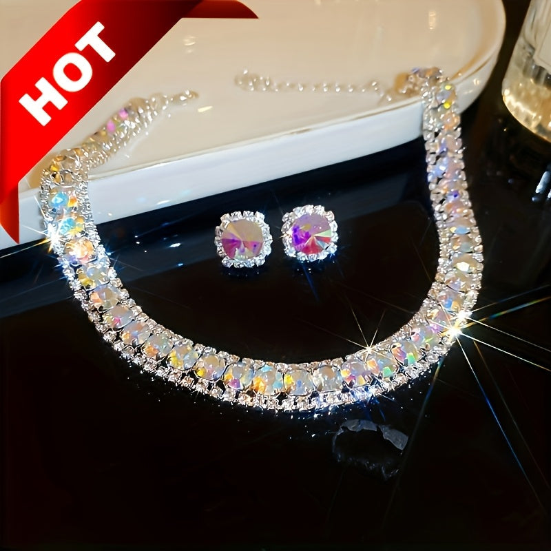 Emerald Crystal Jewelry Set for Women Necklace and Earrings Silver Plated Party Everyday