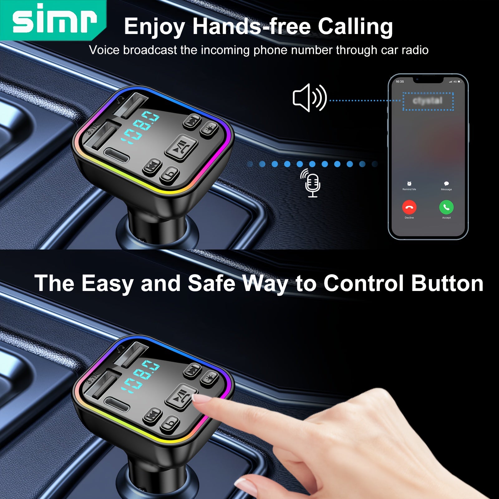FM Transmitter Car Charger with Wireless MP3 Player Hands-Free Calling Dual USB-C Fast Charging