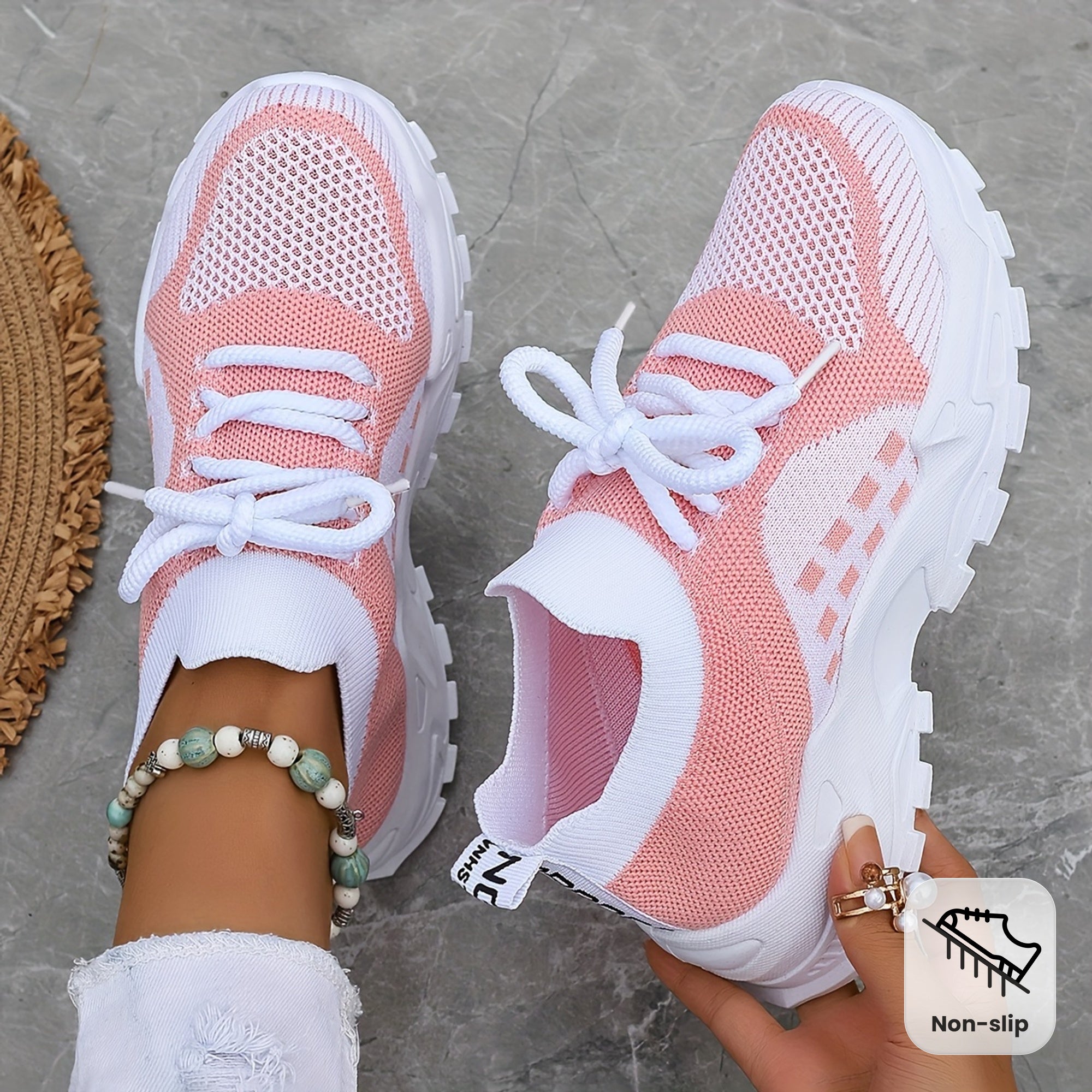 Women's Breathable Knit Sneakers - Lace-Up Running Shoes Non-Slip Sole