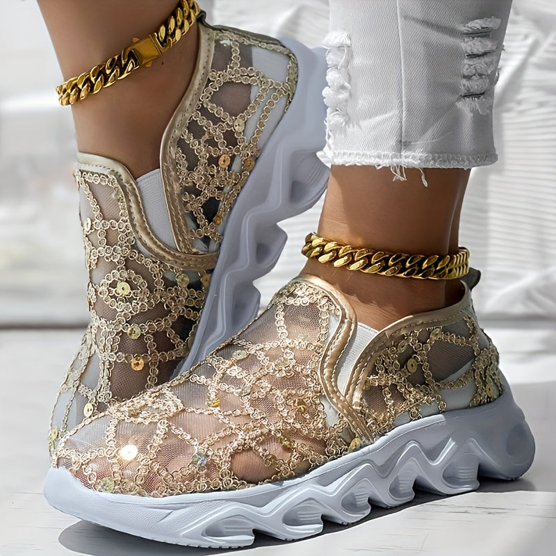 Women's Sequin Mesh Casual Shoes with Thick Soles