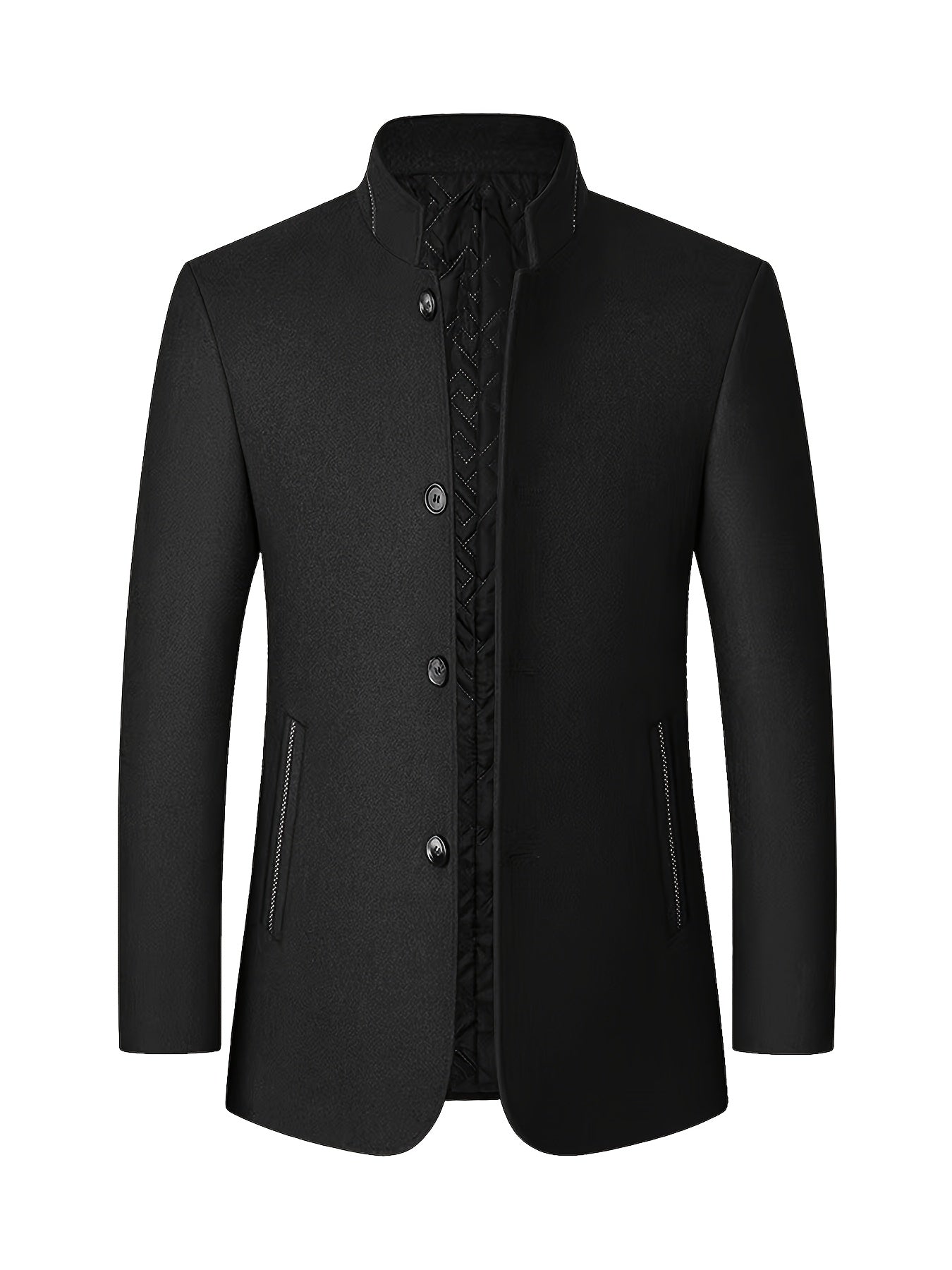 Men's Wool Blend Stand Collar Jacket with Pockets Regular Fit Fall Winter