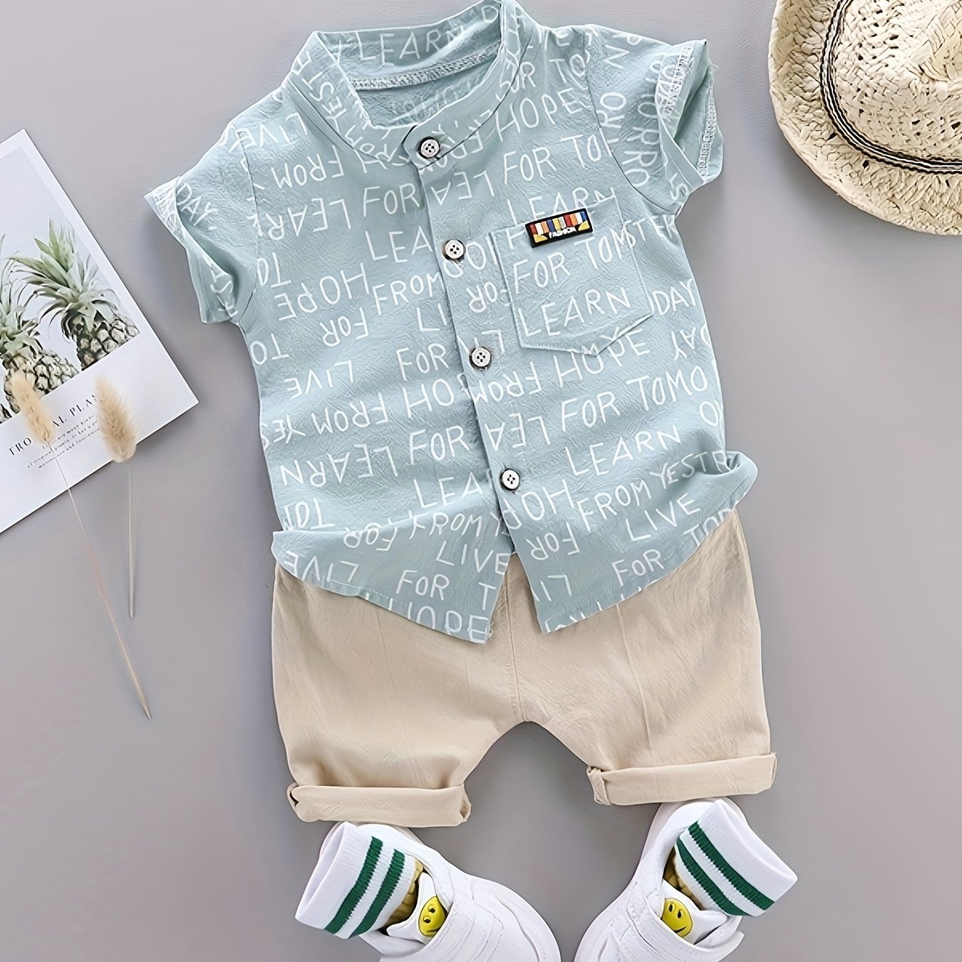 Kids Boys Summer Short-Sleeve Shirt and Shorts Set with Collar Alphabet Pattern Casual Clothing
