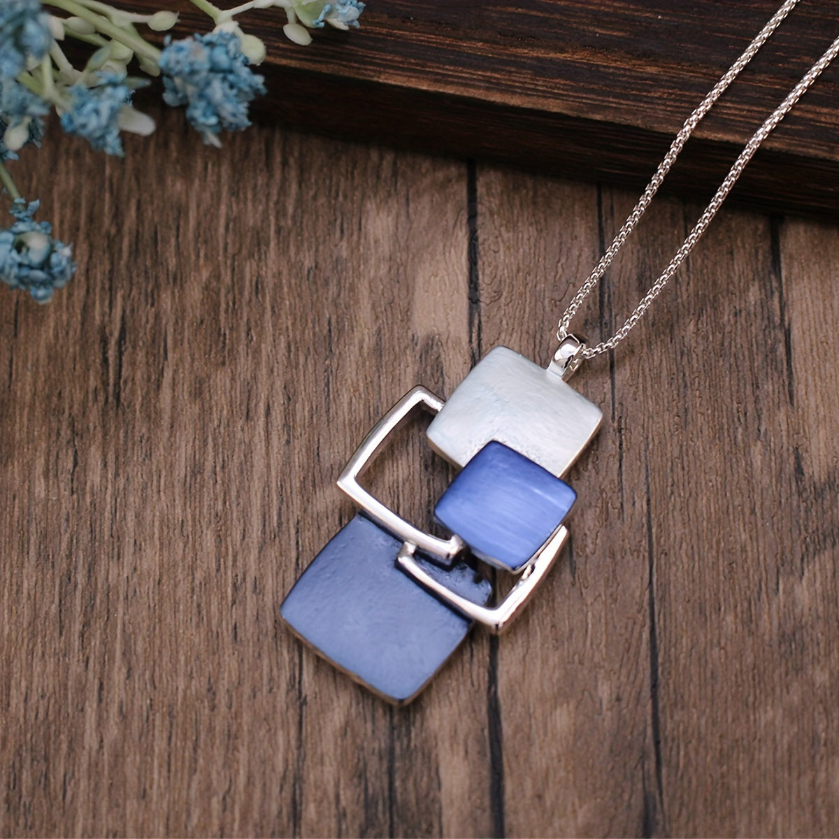 Boho-Chic Square Pendant Necklace Silver Plated Wedding Jewelry for Women