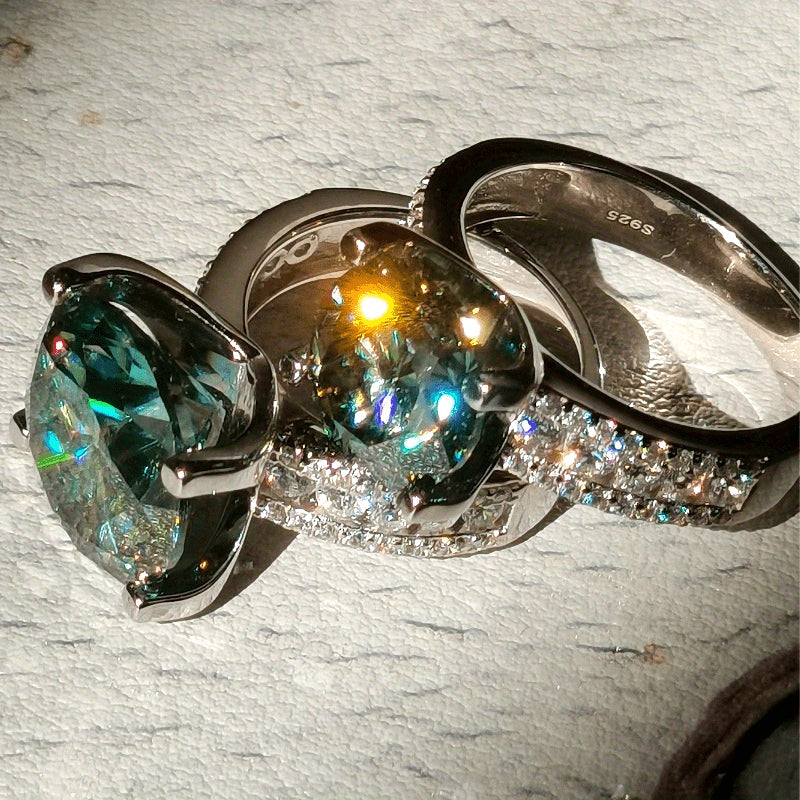 Blue-Green 5K Moissanite Engagement Ring for Couples Wedding Promise Jewelry