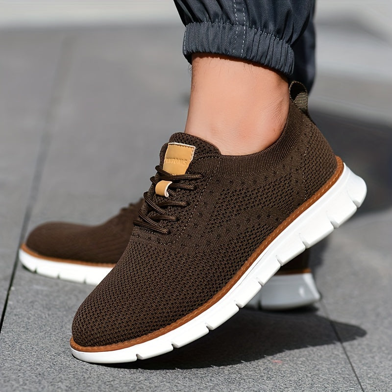 Men's Breathable Knit Business Casual Shoes Beige Brown Leather Upper EVA Sole Round Toe All-Season