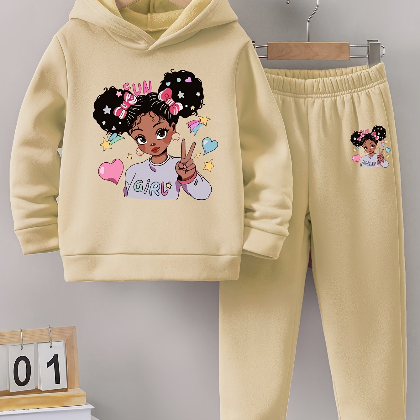 Girls' Fleece-Lined Autumn Winter Hoodies and Sports Pants with Printed Patterns