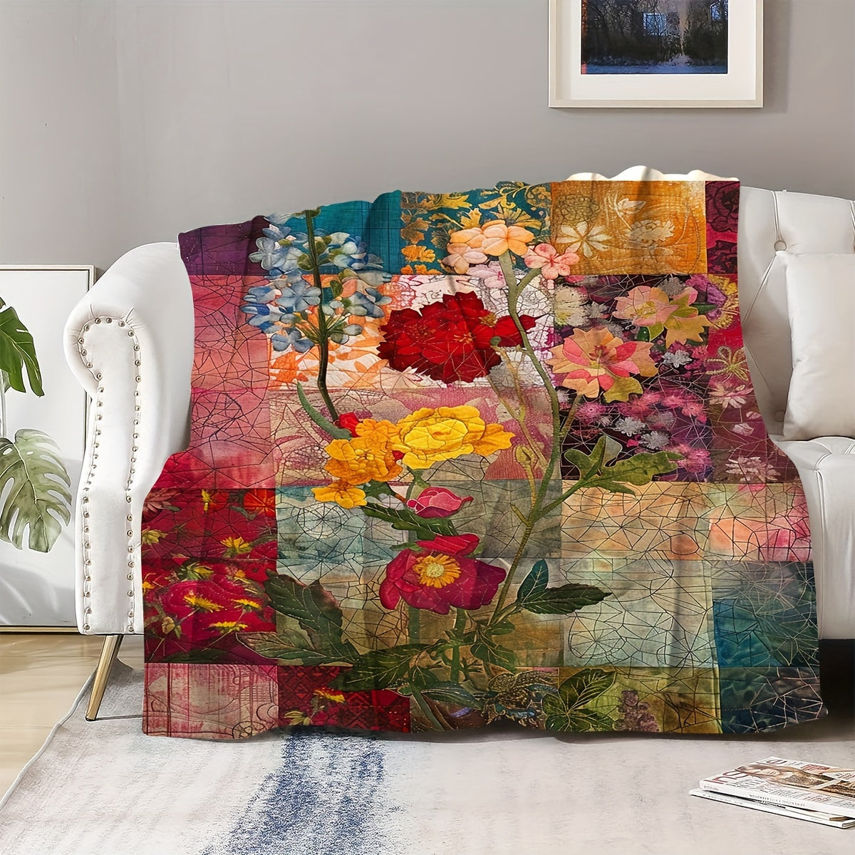 Мягкое флисовое одеяло с цветочным патчворком - Уютное фланелевое одеяло в стиле загородного домика, идеальный подарок для дочерей