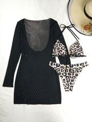 Leopard Print Bikini Set with Mesh Cover-Up Sun Protection for Women