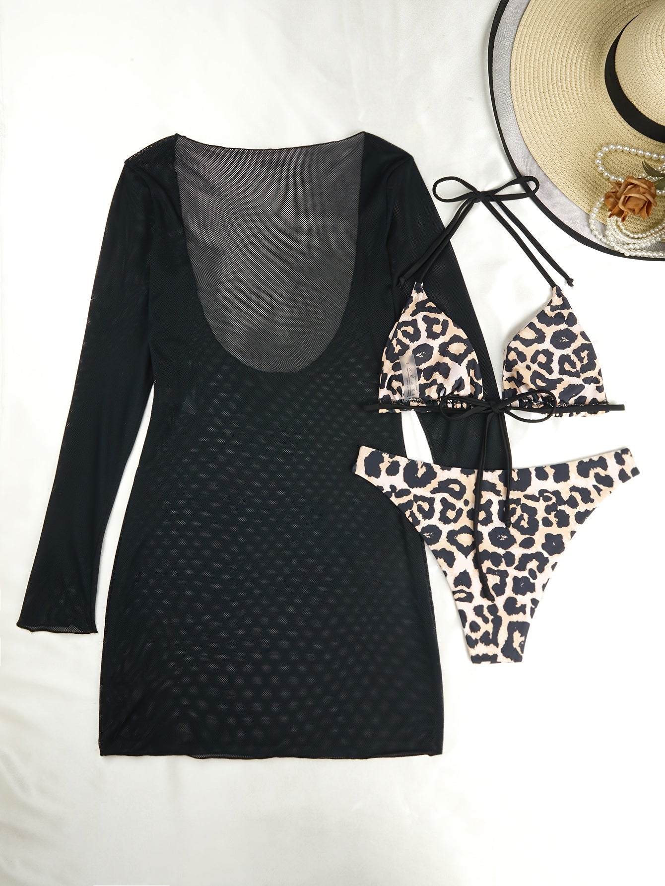 Leopard Print Bikini Set with Mesh Cover-Up Sun Protection for Women