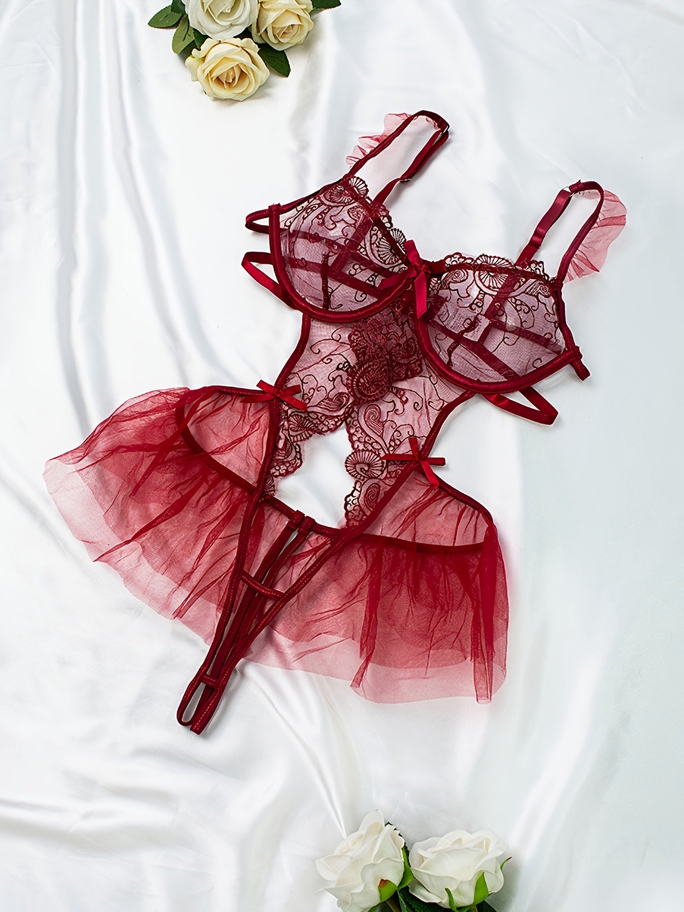 Women's Lingerie Body Suit with Embroidery Bow Hollow Design and Steel Ring Set