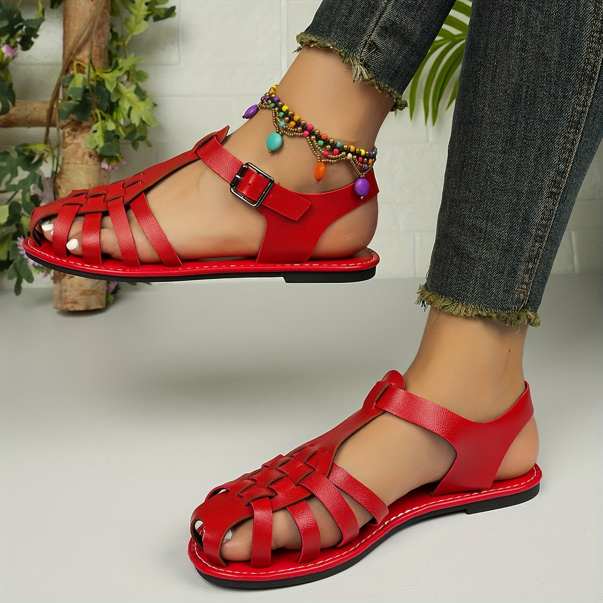 Women's Woven Flat Sandals Solid Color Buckle Closed Toe Summer Footwear