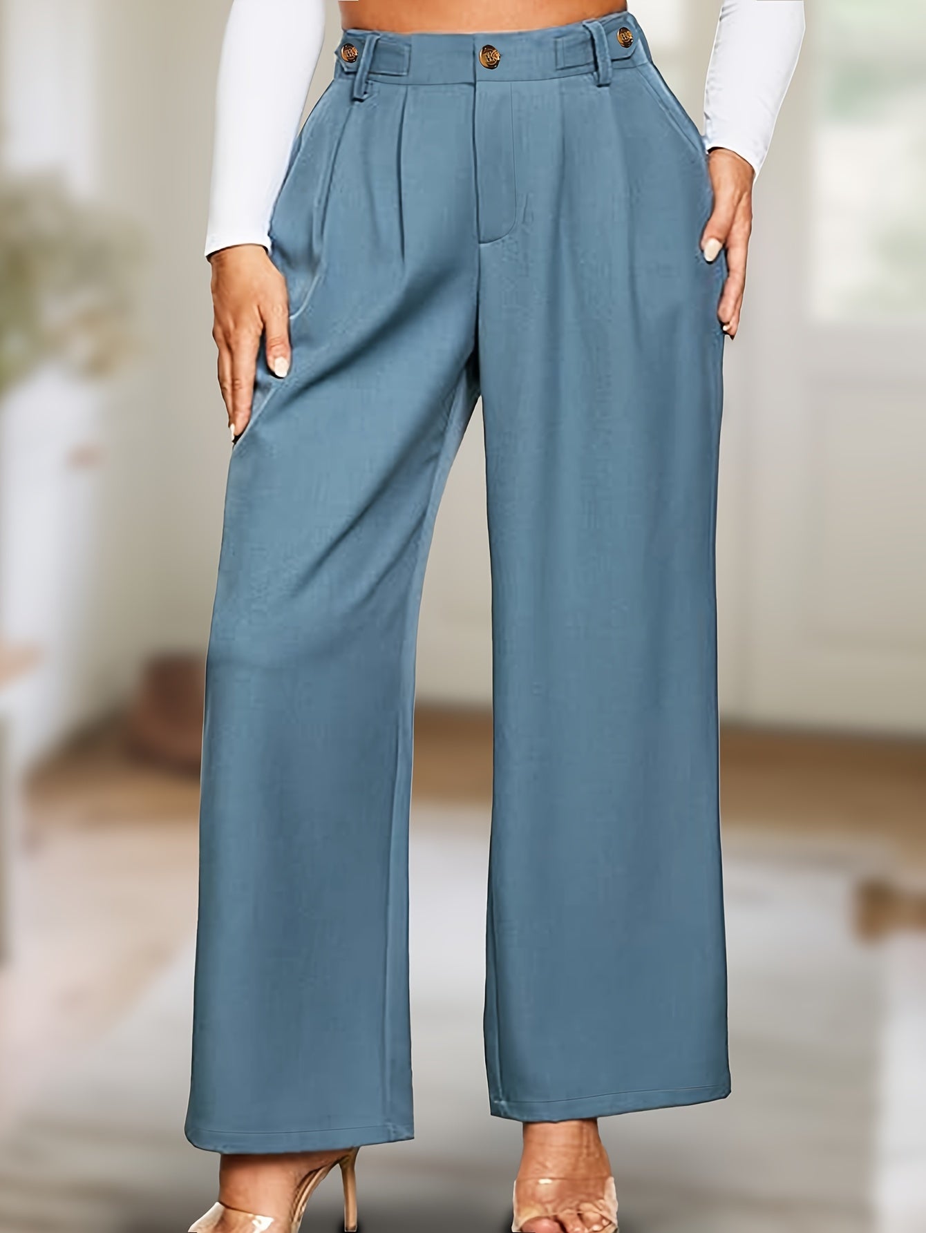 Women Plus Size Solid Color Polyester Rayon Trousers Fall Straight Fit