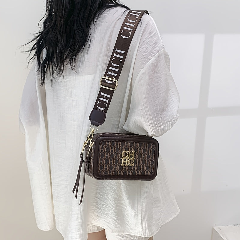 Korean Style Crossbody Bag with Contrast PU Shoulder Strap and Letter Print