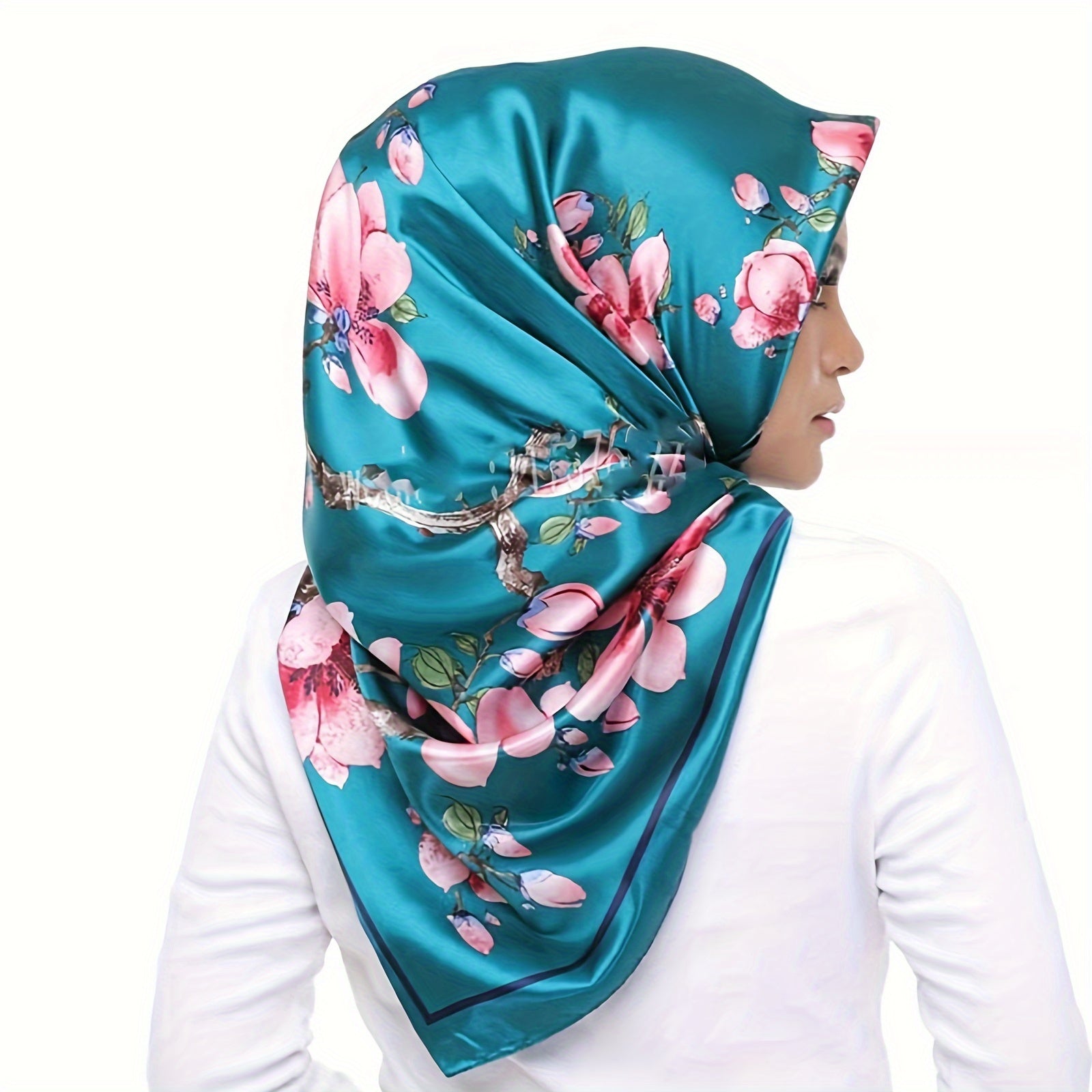 Teal Floral Polyester Square Scarf 89cm Sun Protection Casual Accessory