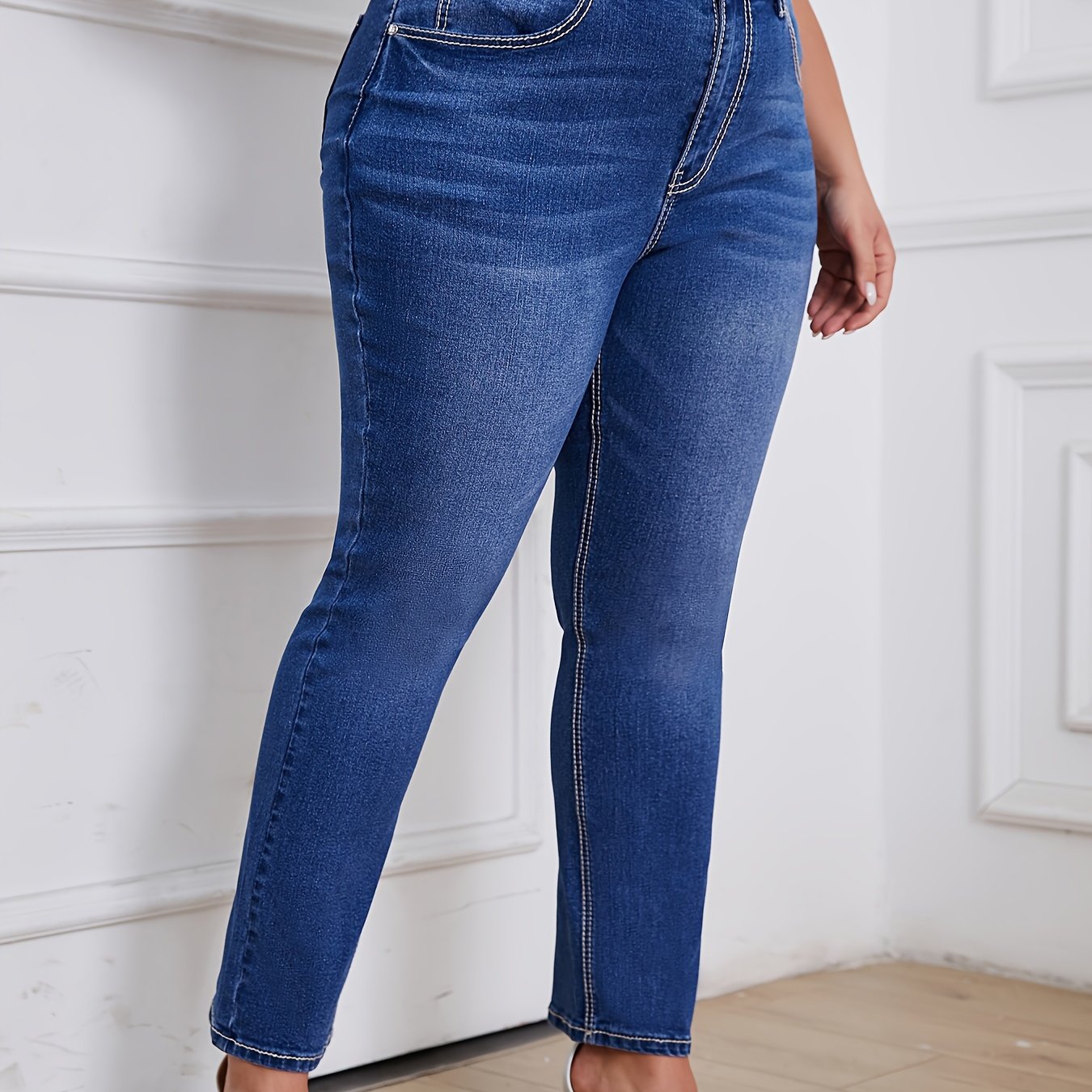Jeans de mezclilla de talla grande para mujer, ajuste delgado, largo largo, color sólido, casual, con pierna recta