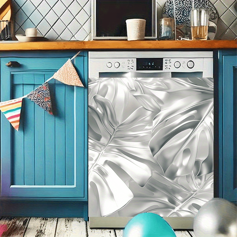 Metallic Silver Leaf Dishwasher Cover Magnet Waterproof Oilproof Kitchen Decor 58.5x65 cm