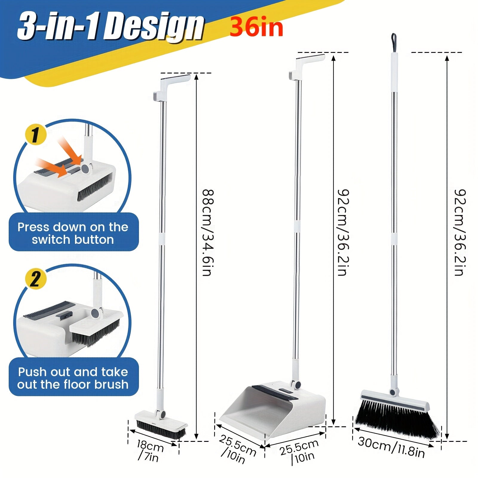Heavy-Duty 3-in-1 Broom and Dustpan Set with Floor Brush Long Handle Metal Indoor Outdoor
