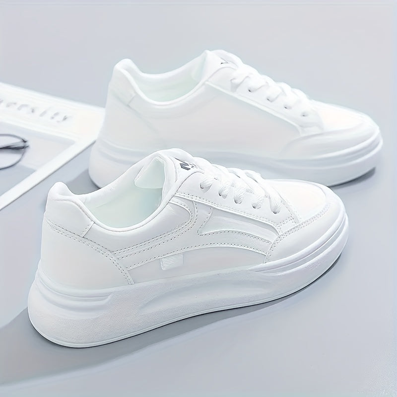 Women's Breathable White PU Low-Top Sneakers for Running and Casual Wear