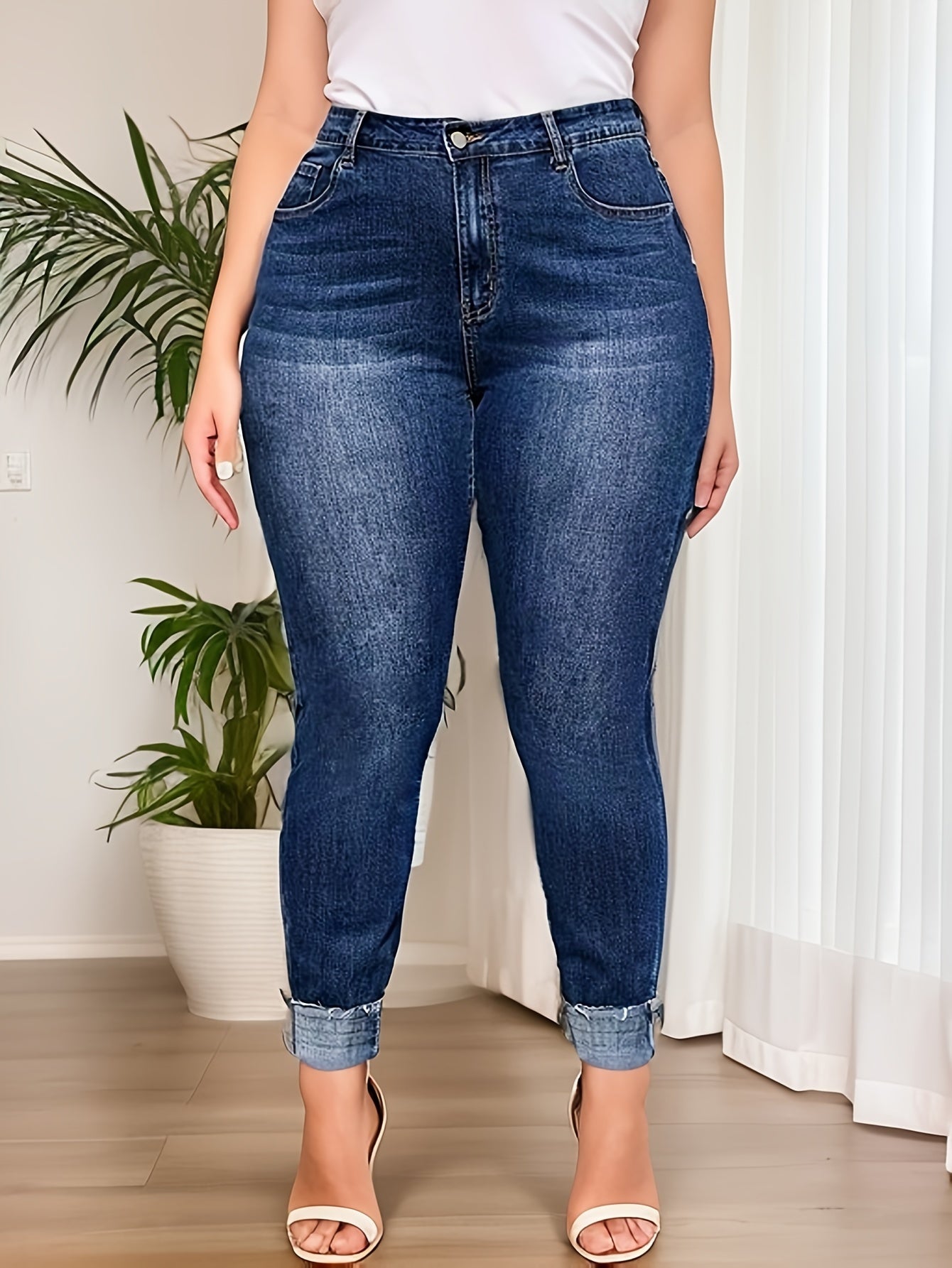 Women's Plus Size Skinny Jeans High Rise Washed Rolled Button Fly Denim