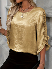 Plus Size Ruffle Detail Blouse with Crew Neck Short Sleeves Polyester Elastane for Spring Fall