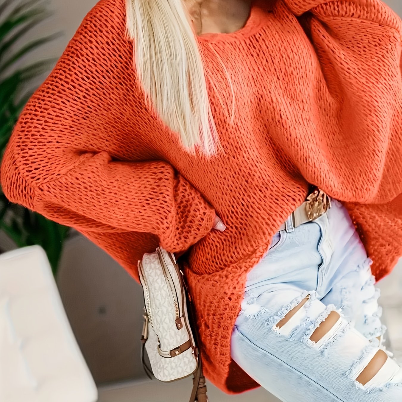 Женский свитер большого размера с V-образным вырезом и открытыми плечами, текстурированный пуловер для осени и зимы