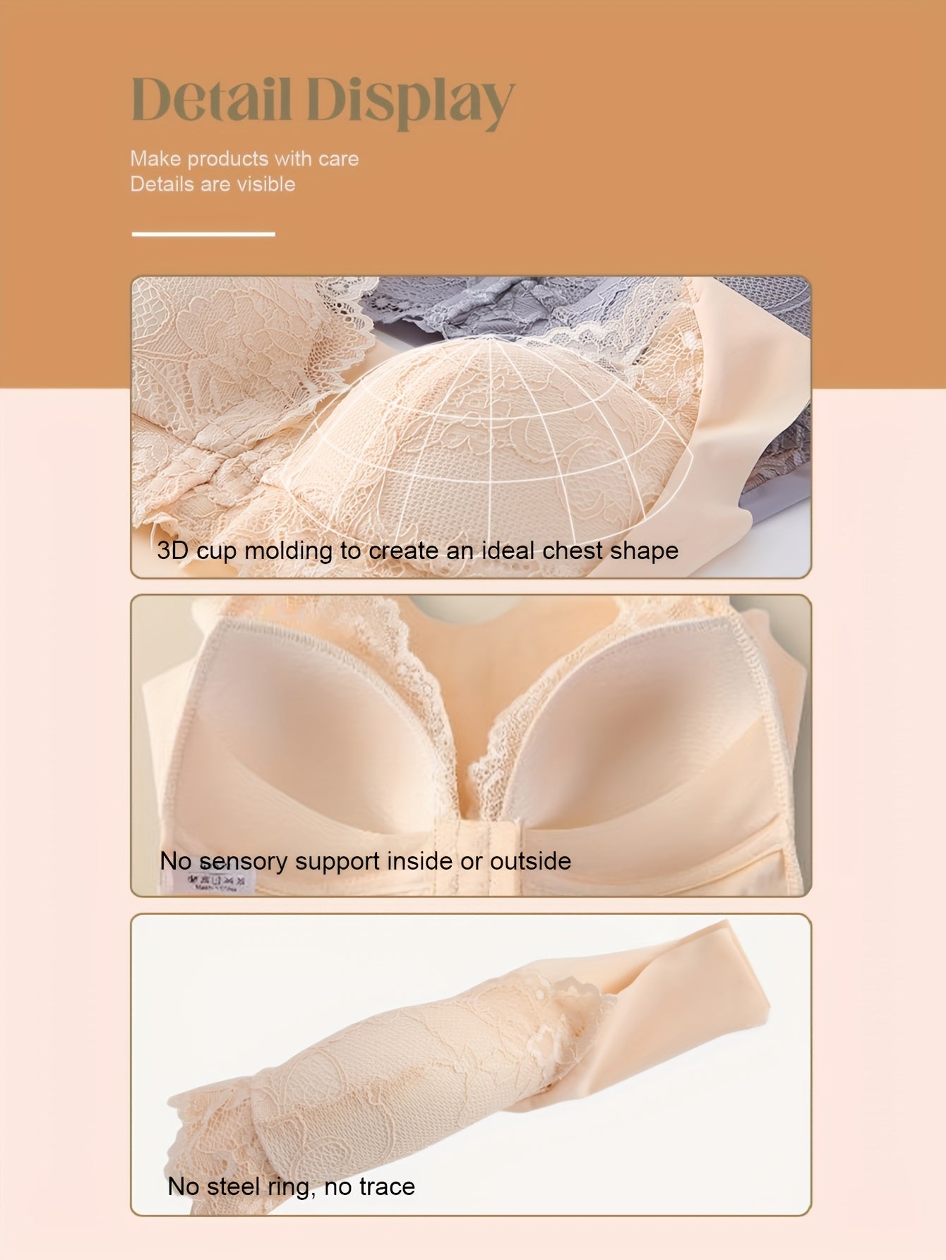 Ayollar uchun gul naqshli chiziqli push-up bra to'plami, tarmoq panellari bilan, simsiz, o'rtacha qo'llab-quvvatlash