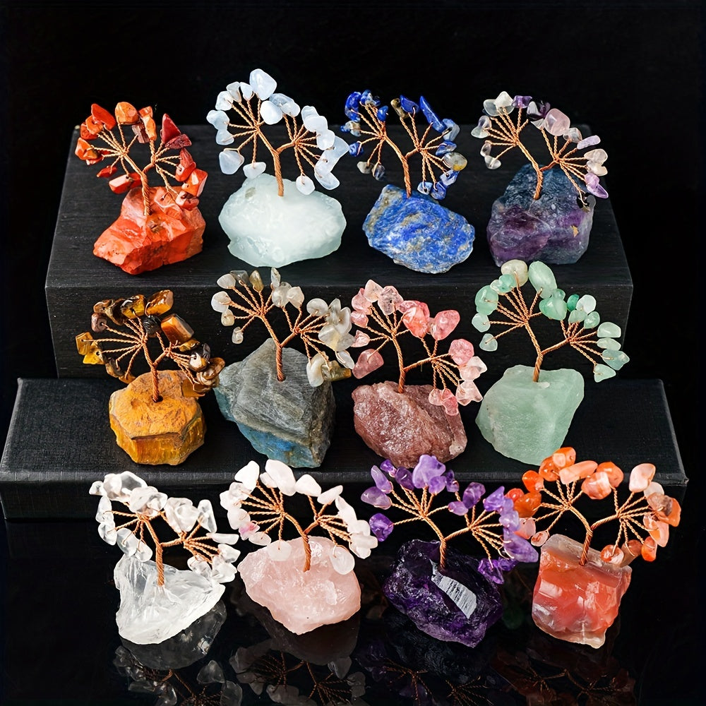 Small Natural Gemstone Crystal Lucky Tree on Raw Stone Base for Home Decor
