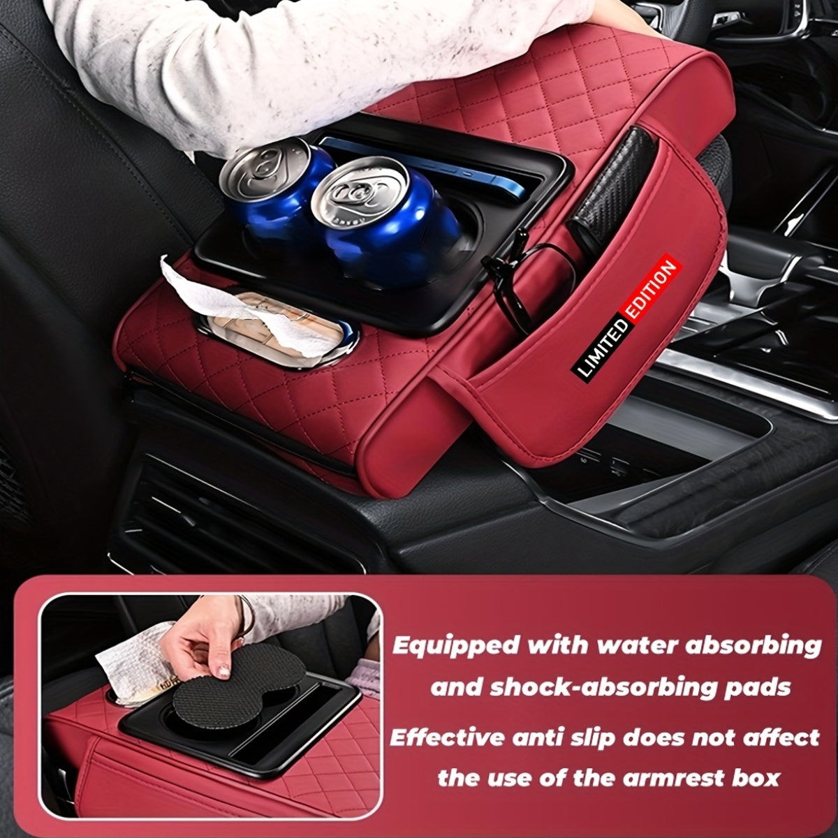 Car Armrest Cushion Center Console Protector With Tissue Box and Cup Holder Storage