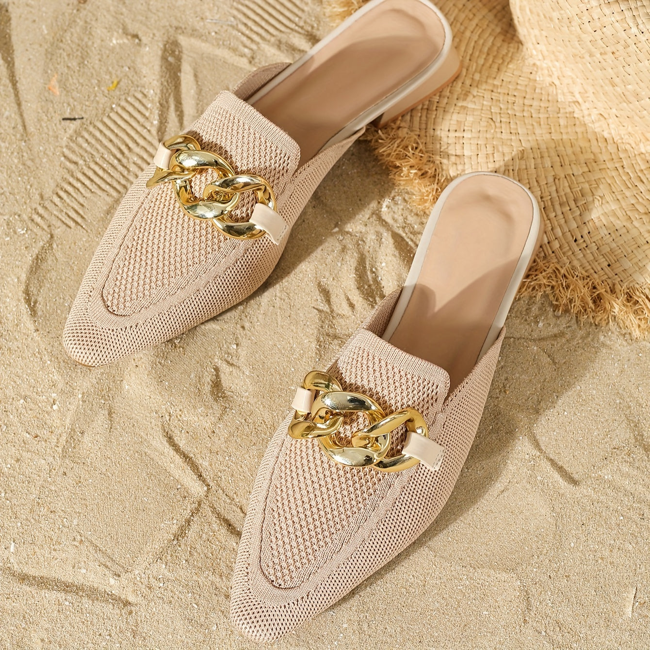 Women's Knitted Mules with Metallic Chain, Breathable Slip-On Shoes