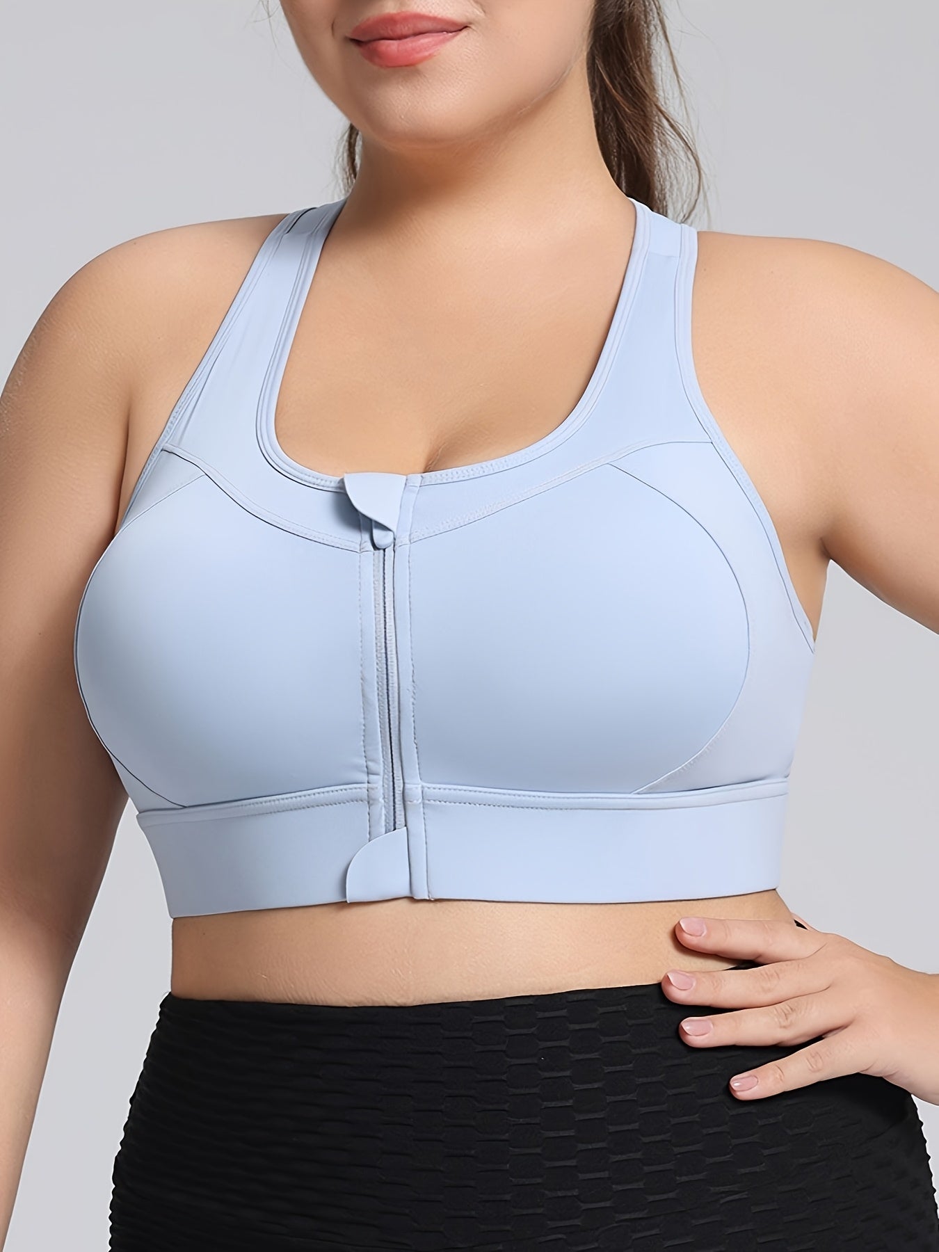 Plus Size High Support Sports Bra with Zipper Cross-Back Black